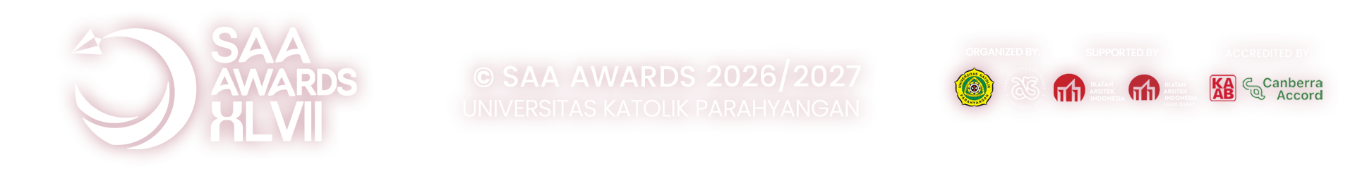 © SAA AWARDS XLVII 2026/2027, Universitas Katolik Parahyangan. Organized by Universitas Katolik Parahyangan, Program Studi Arsitektur UNPAR. Supported by Ikatan Arsitek Indonesia, IAI Daerah Jawa Barat, Ikatan Arsitek Indonesia Jawa Barat, Canberra Accord.